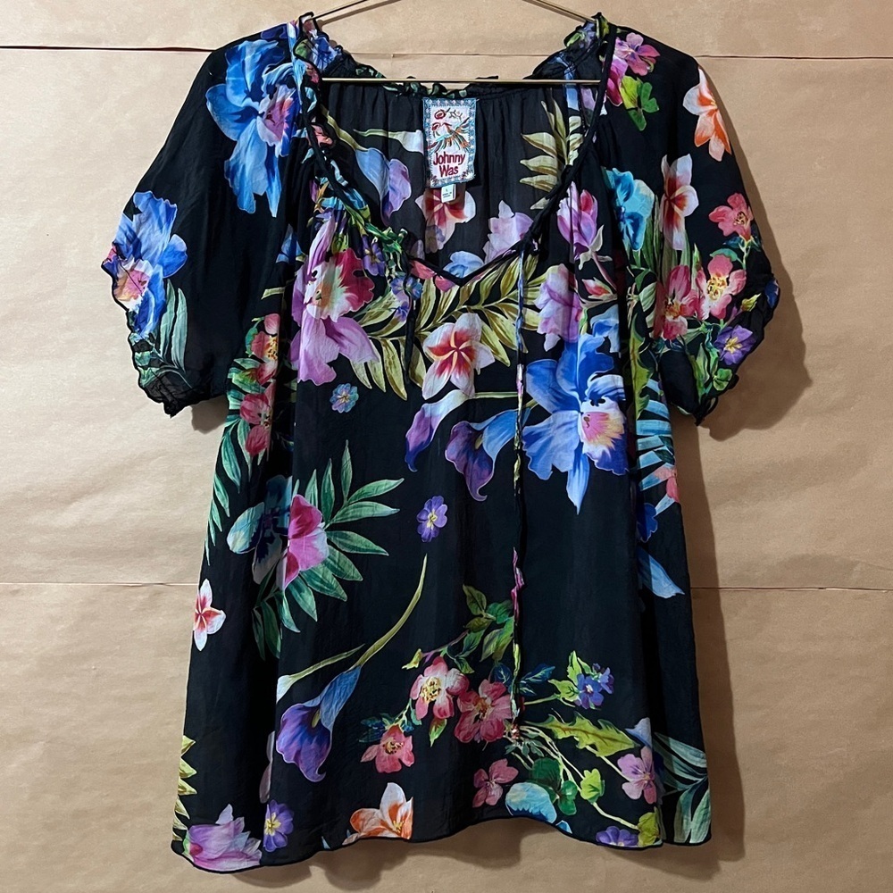 Johnny Was | Aruba Kadence Top Floral Popover Blouse Tie Neck Cupra Size L FLAWS